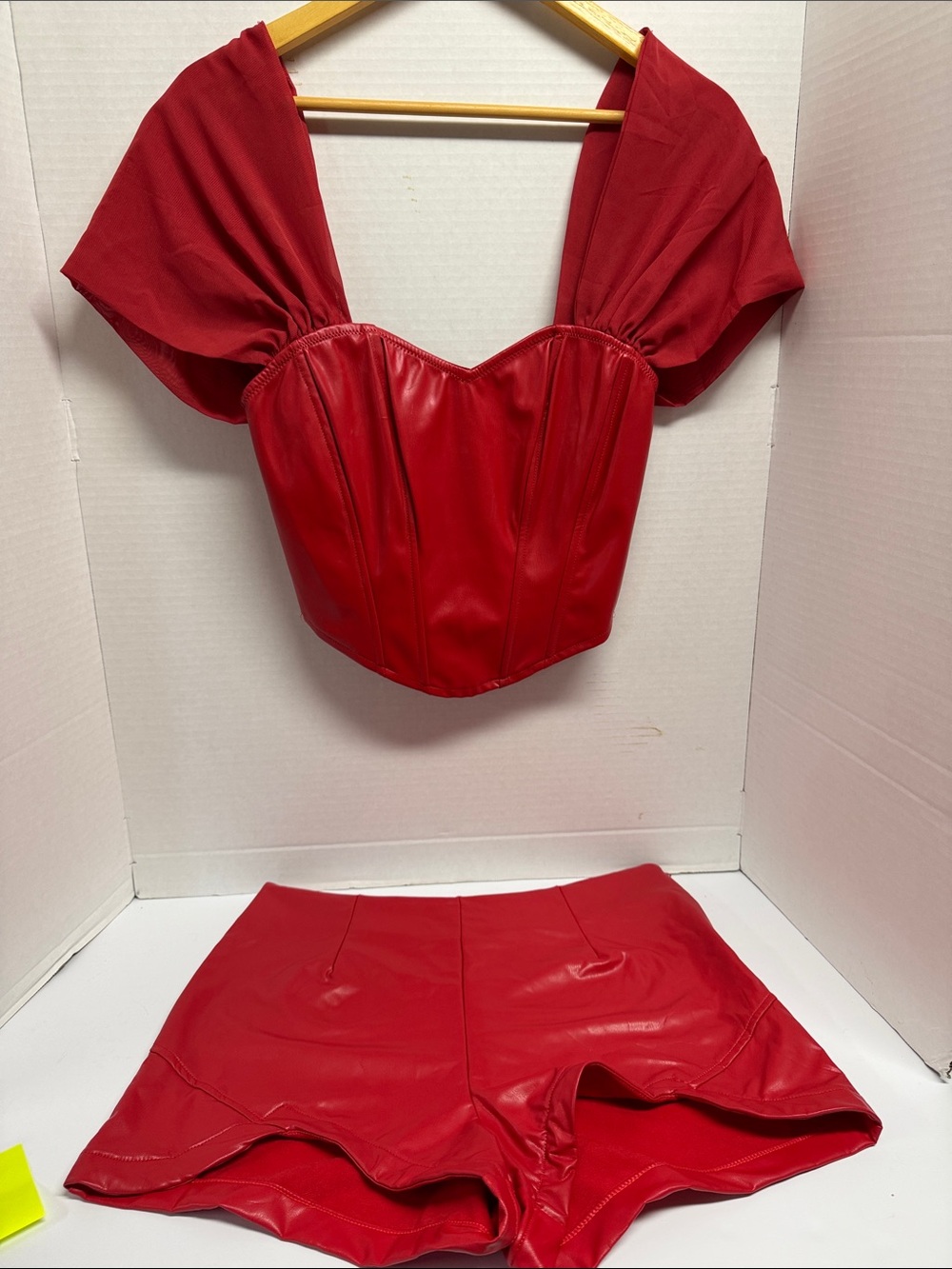 Spirit Red Faux Leather Corset Crop Top with Draped Sleeves